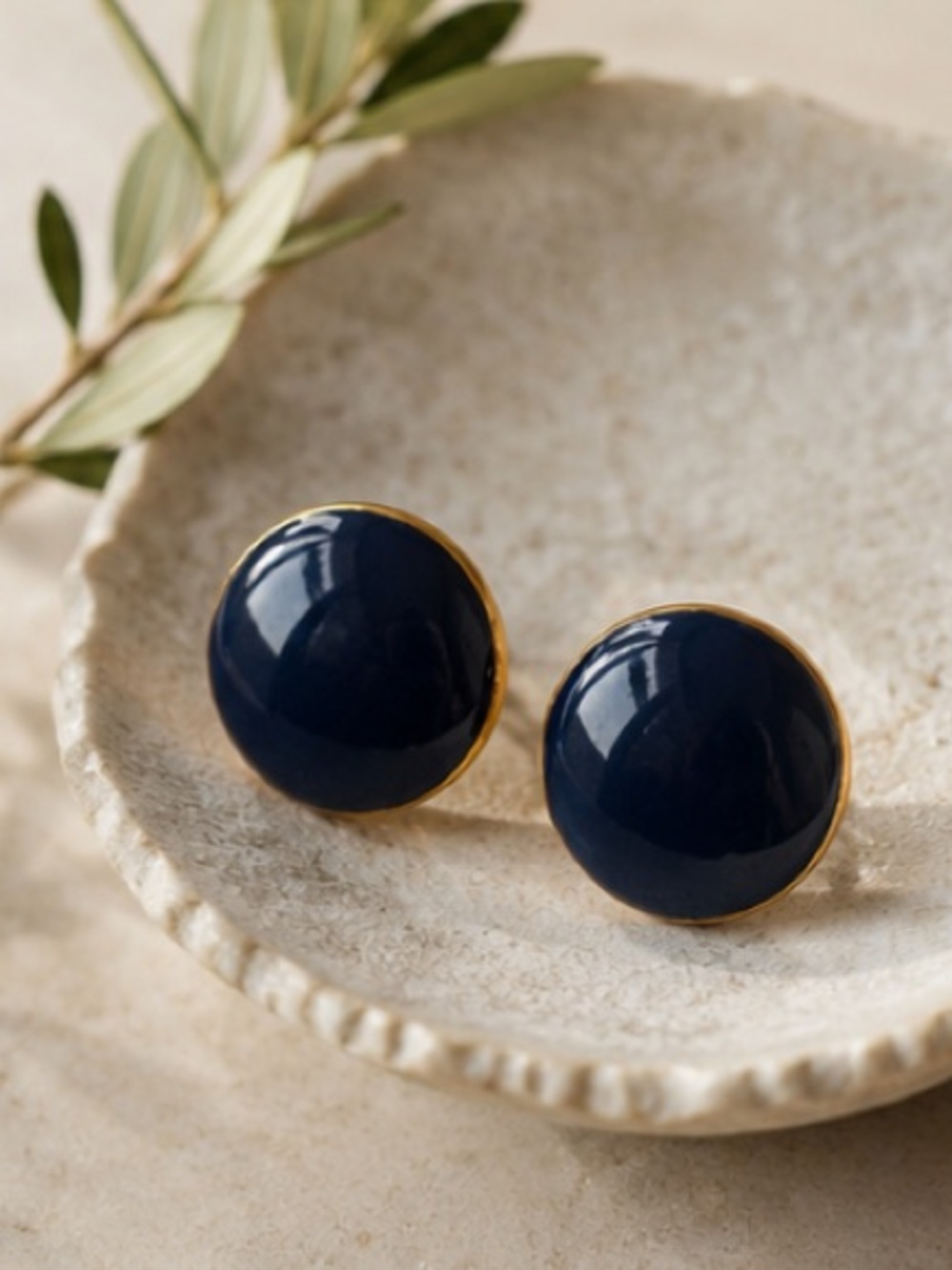 Vintage Napier Navy Blue Enamel Gold Tone Clip On Earrings Round Signed Classic